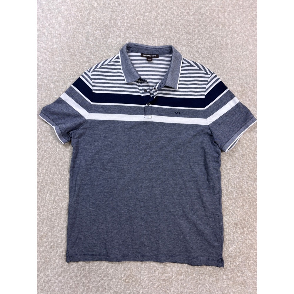 Michael Kors Mens XL Striped Short Sleeve Polo Shirt Grey Blue White 4783